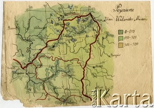 1925-1934, Słonim, woj. nowogródzkie, Polska.
Mapa Pojezierza Wileńsko-Mińskiego. Szkolny rysunek Nadziei Danik z kolekcji Heleny Pietrakowej.
Fot. NN, zbiory Archiwum Historii Mówionej Ośrodka KARTA i Domu Spotkań z Historią, udostępniła Helena Pietrakowa w ramach projektu 
