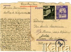1942, Lublin, Generalne Gubernatorstwo.
Kartka pocztowa od Marjana Iwaszkiewicza do Anzelma Iwaszkiewicza. Znaczek pocztowy Generalne Gubernatorstwo: 1. z lewej - Dziedziniec wawelski, 2. z lewej - Dziedziniec Biblioteki Jagiellońskiej. Strona 1/2.
Zbiory Archiwum Historii Mówionej Ośrodka KARTA i Domu Spotkań z Historią, udostępnił Anzelm Iwaszkiewicz w ramach projektu 