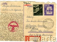 8.09.1942, Lublin, Generalne Gubernatorstwo.
Kartka pocztowa od Marjana Iwaszkiewicza do Anzelma Iwaszkiewicza. Data na rosyjskim stemplu pocztowym 30.09.1942. Znaczek pocztowy Generalne Gubernatorstwo.
Zbiory Archiwum Historii Mówionej Ośrodka KARTA i Domu Spotkań z Historią, udostępnił Anzelm Iwaszkiewicz w ramach projektu 