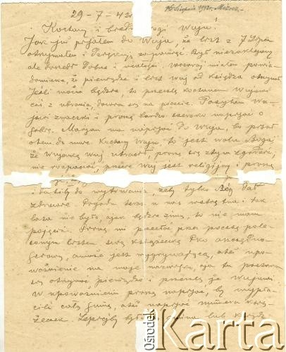 29.07.1942, Warszawa, Generalne Gubernatorstwo.
List od Filipa Żurkowskiego do Anzelma waszkiewicza. Dotyczy pomocy rzeczowej i finansowej przekazanej Anzelmowi Iwaszkiewiczowi. Strona 1/2.
Zbiory Archiwum Historii Mówionej Ośrodka KARTA i Domu Spotkań z Historią, udostępnił Anzelm Iwaszkiewicz w ramach projektu 