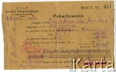 1.07.1923, Baranowicze, Polska.
Pokwitowanie kosztów transportu osób i bagażu dla Anzelma Iwaszkiewicza wystawione przez Etap Urzędu Emigracyjnego w Baranowiczach. Pieczęć Urzędu.
Zbiory Archiwum Historii Mówionej Ośrodka KARTA i Domu Spotkań z Historią, udostępnił Anzelm Iwaszkiewicz w ramach projektu 