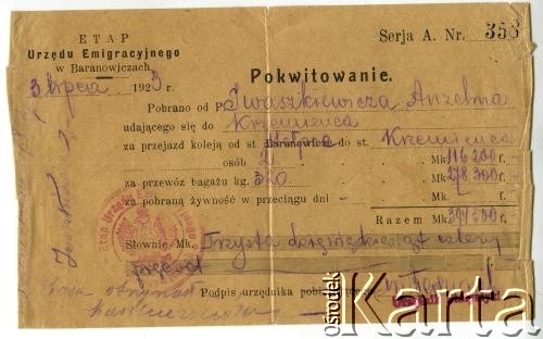 1.07.1923, Baranowicze, Polska.
Pokwitowanie kosztów transportu osób i bagażu dla Anzelma Iwaszkiewicza wystawione przez Etap Urzędu Emigracyjnego w Baranowiczach. Pieczęć Urzędu.
Zbiory Archiwum Historii Mówionej Ośrodka KARTA i Domu Spotkań z Historią, udostępnił Anzelm Iwaszkiewicz w ramach projektu 
