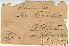 Brak daty, brak miejsca.
Koperta zaadresowana do Jana Wańkowicza z Krakowa.
Zbiory Archiwum Historii Mówionej Ośrodka KARTA i Domu Spotkań z Historią, udostępnił Anzelm Iwaszkiewicz w ramach projektu 