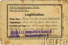 1916, brak miejsca.
Dokument potwierdzający przyznanie brązowego medalu zasługi Leopoldowi Jankowskiemu.
Fot. NN, zbiory Archiwum Historii Mówionej Ośrodka KARTA i Domu Spotkań z Historią, udostępnił Dom Polski w Kaczyce w ramach projektu 