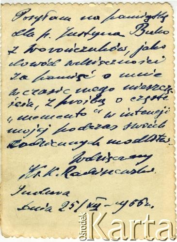 25.12.1956, Szarkowszczyzna, Białoruska SRR, ZSRR.
Justyna Buko. Ksiądz Kazimierz Radziszewski (1904-1978). Zdjęcie z dedykacją.
Fot. NN, zbiory Archiwum Historii Mówionej Ośrodka KARTA i Domu Spotkań z Historią w ramach projektu 