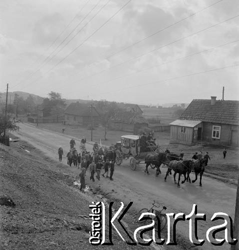 1958, Polska.
Z okazji 400 rocznicy założenia Poczty Polskiej, trasą Kielce-Wrocław przejechał zabytkowy dyliżans pocztowy. Nz. zaprzęg pocztowy.
Fot. Irena Jarosińska, zbiory Ośrodka KARTA