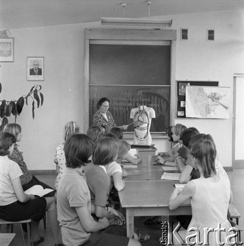 11.06.1967, Warka, Polska.
Szkoła podstawowa im. Kazimierza Pułaskiego, grupa uczenic podczas lekcji nauki o człowieku.
Fot. Romuald Broniarek/KARTA